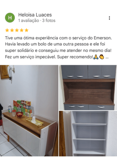 Avaliação de Heloisa Luaces no Google, cinco estrelas: relata ótima experiência, atendimento no mesmo dia e serviço impecável. Inclui fotos dos móveis.